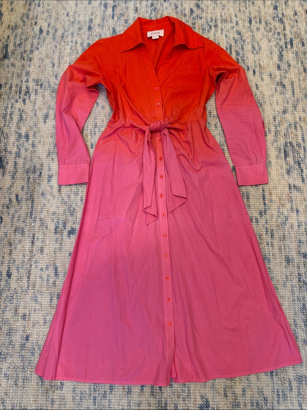 Figue Ombre Shirt Maxi Dress in Red-to-Pink with Tie Waist